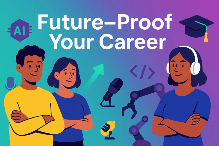 Flat illustration banner – Future-Proof Your Career blog post, young professionals with AI icons and podcast mic on gradient background