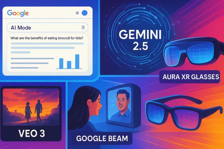 Collage of Google’s 2025 AI upgrades—AI Mode search screen, Gemini 2.5 swirl, Veo 3 cinematic frame, Google Beam 3-D call, and Aura XR glasses—set against a vibrant tech background.
